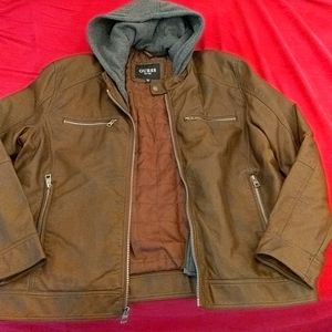 Faux Leather Brown Guess XXL jacket with hoodie